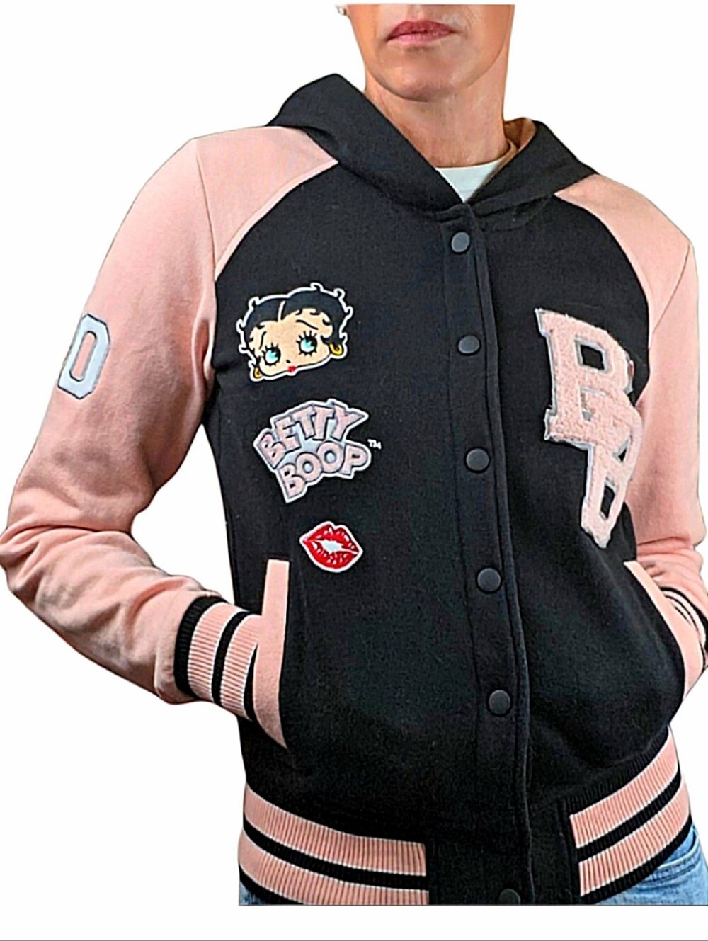 UNIVERSAL STUDIOS Betty Boop Varsity Hoodie Jacket in Pink & Black Letterman